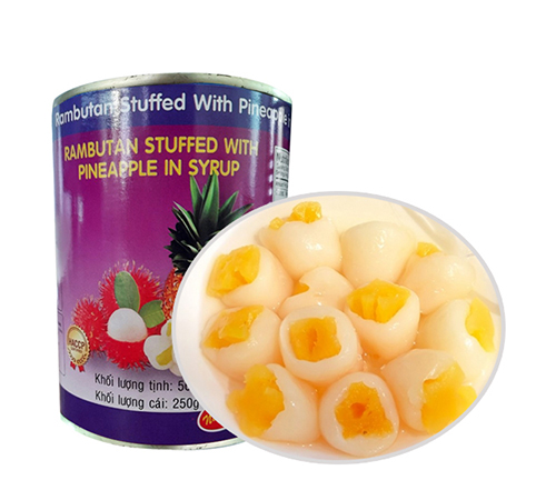 Canned rambutan filled with pineapple soaked in sugar